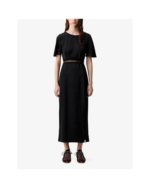 Claudie Pierlot Black Open-Back Lace-Trim Satin Maxi Dress
