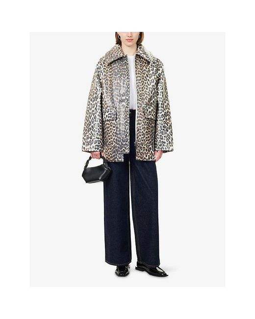 Ganni Gray Laminated Leopard-Print Cotton-Blend Jacket