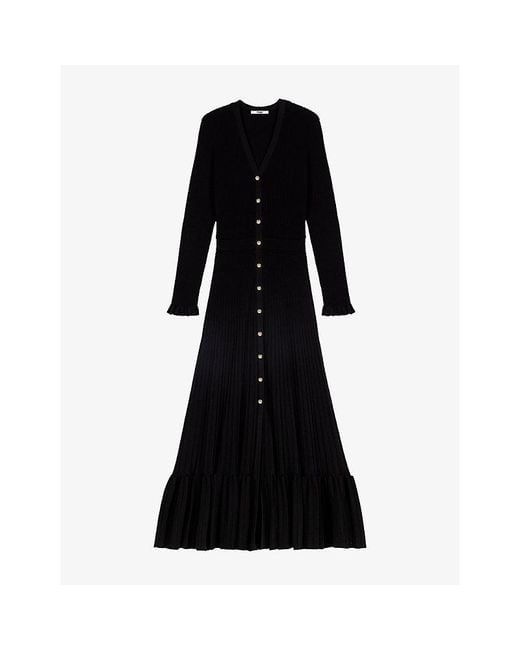 Maje Black Ruffled V-Neck Knitted Maxi Dress