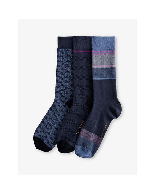 Ted Baker Blue Bluupak Stretch-cotton Socks Pack Of Three for men
