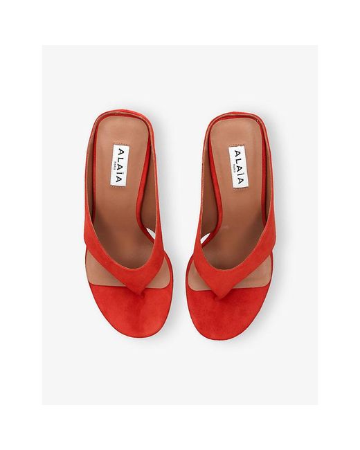 Alaïa Red Tong 75 Suede Wedge Sandals