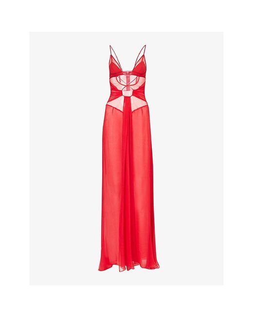 Nensi Dojaka Red Sheer-panel Cut-out Silk Maxi Dress