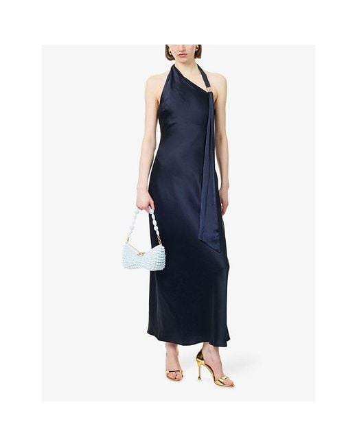 4th & Reckless Blue Evani Halterneck Satin Maxi Dress