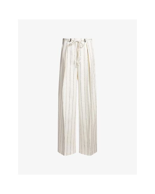 Boss White Pinstriped Wide-Leg High-Rise Stretch Linen-Blend Trousers