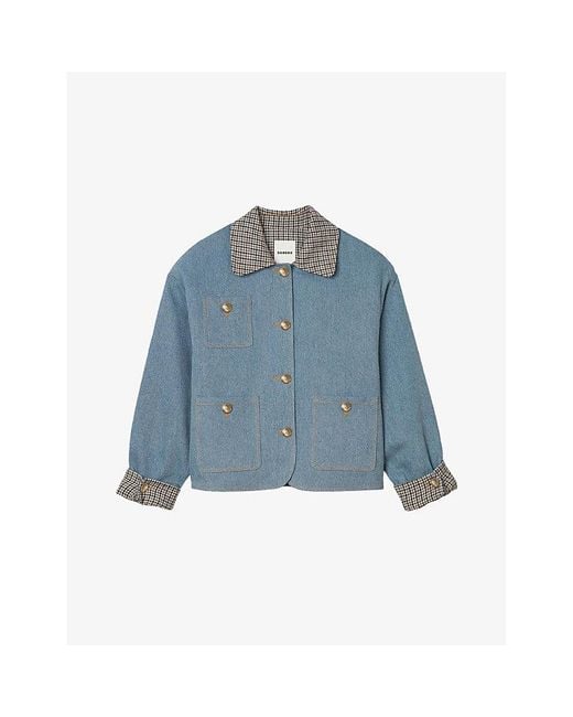 Sandro Blue Checked-Collar Patch-Pocket Denim Jacket