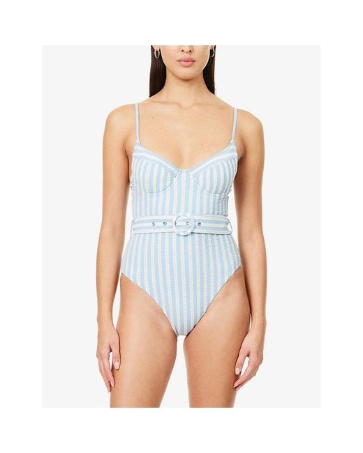 Jonathan Simkhai Blue Noa Belted Stripe Swimsuit