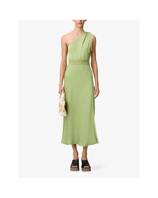 Claudie Pierlot Green One-Shoulder Lace-Trim Satin Maxi Dress
