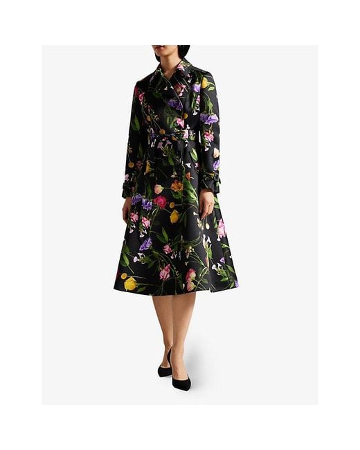 Ted Baker Black Moiraa Floral-print Double-breasted Woven Trench Coat