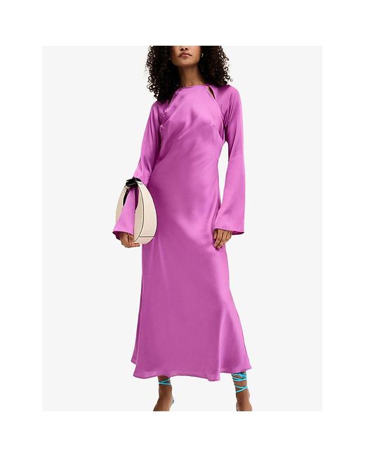 OMNES Purple Tallulah Cut-out Long-sleeve Satin Midi Dress