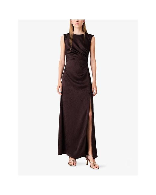 Maje Brown Draped Round-Neck Satin-Effect Maxi Dress