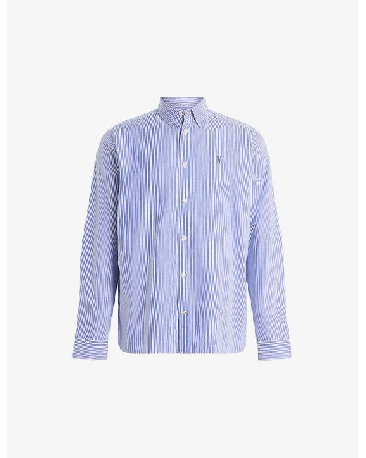 AllSaints Blue Hillview Logo-embroidered Relaxed-fit Organic-cotton Shirt for men