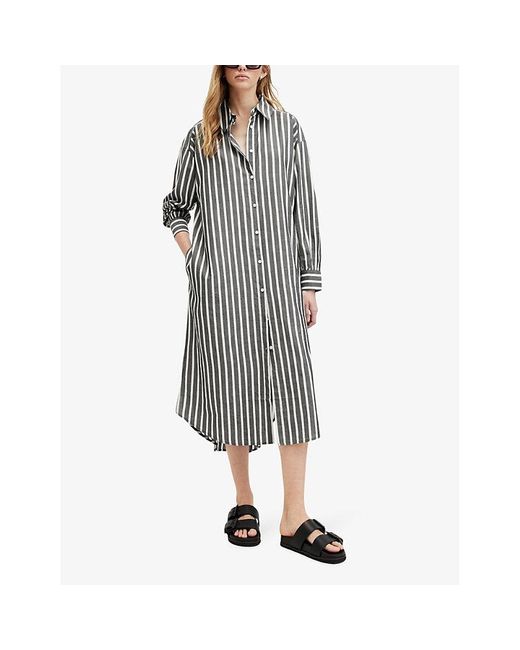 AllSaints Gray Ani Stripe-print Relaxed-fit Organic-cotton Maxi Shirt Dress