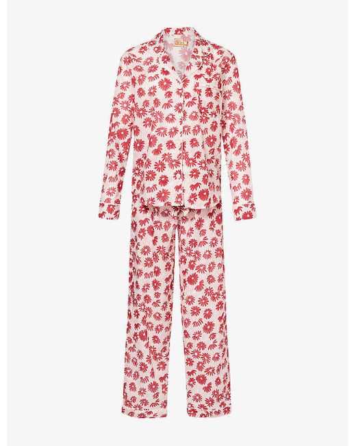 Desmond & Dempsey Red Floral-print Long-sleeve Cotton Pyjama Set