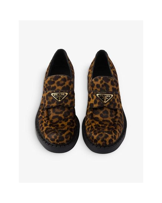 Prada Brown Chocolate Leopard-Print Brushed Leather Loafers