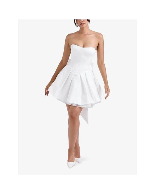 House Of Cb White Noele Fitted-Bodice Bow-Embellished Woven Mini Gown