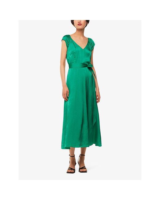 Whistles Green Arie Cap-sleeved Belted Satin Midi Dress