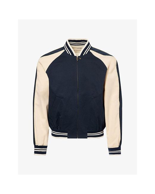 Valentino Garavani Blue Contrast-Stripe Zip-Up Cotton Bomber Jacket for men