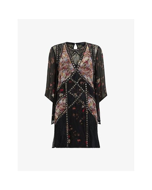 AllSaints Black Lucia Kora Sequin-embellished Floral-print Woven Mini Dress