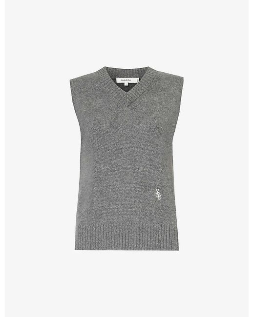 Sporty & Rich Gray Brand-embroidered Relaxed-fit Cashmere Vest Top
