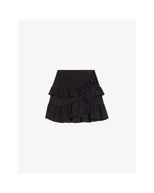 Maje Black Ruffle-trim Asymmetric Woven Mini Skirt