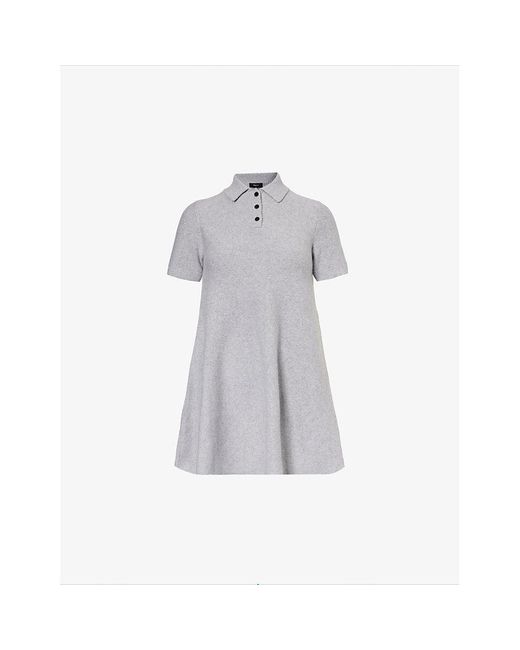 Theory Gray Polo-collar Flared-hem Wool And Cashmere-blend Mini Dress