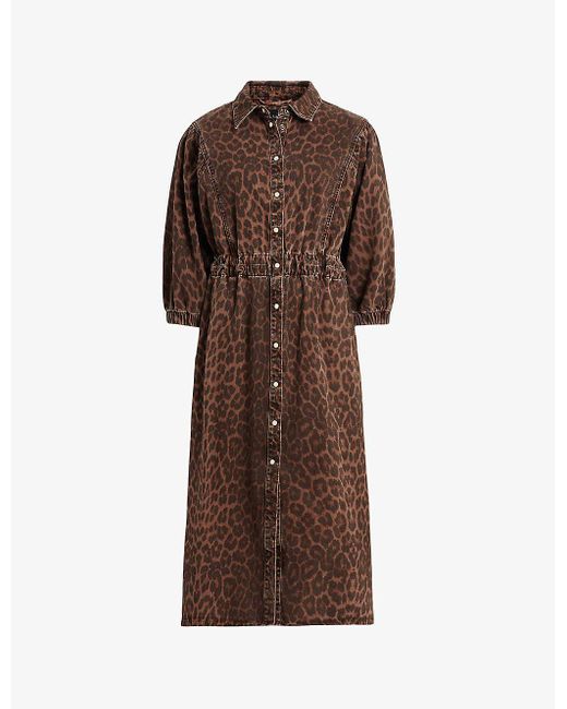 AllSaints Brown Osa Leopard-print Elasticated-waist Denim Midi Dress