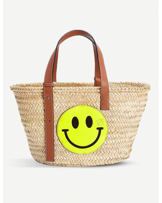 Loewe Yellow X Smiley Raffia And Leather Large Basket Bag