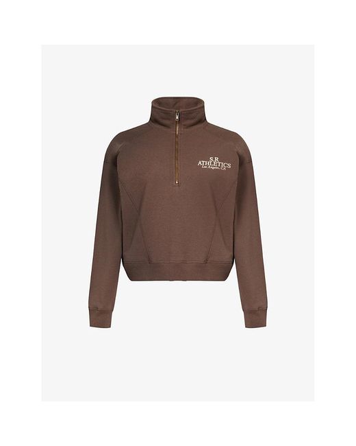 Sporty & Rich Brown Logo-print Quarter-zip Cotton-jersey Sweatshirt