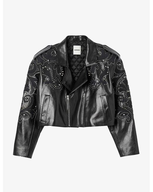 Sandro Black Mariah Stud-embellished Cropped Leather Jacket