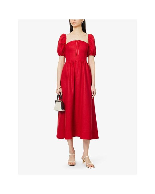 Reformation Red Marella Puffed-sleeve Curved-neck Linen Midi Dress