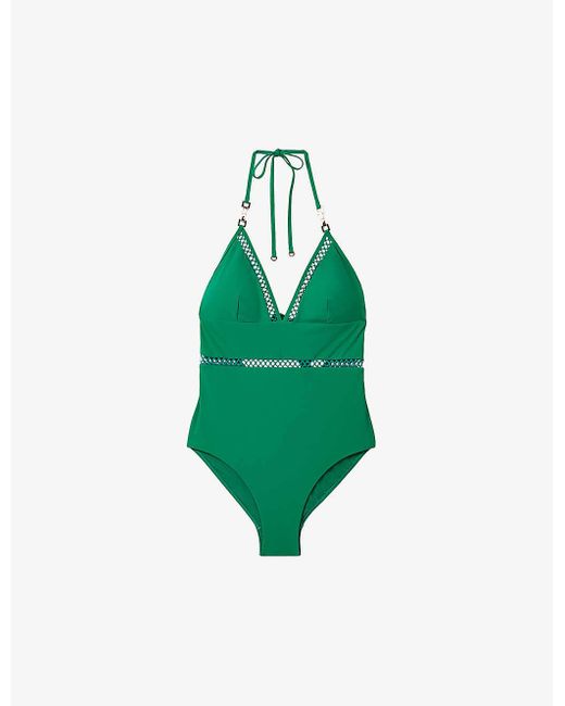 Reiss Green Rita Lattice-trim Halter-neck Stretch-cotton Swimsuit