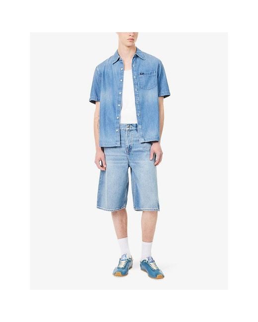 7 For All Mankind Blue Wide-Leg Cotton Denim Shorts for men