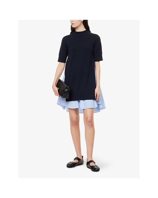 Sacai Blue Striped Short-Sleeves Cotton-Knit Mini Dress