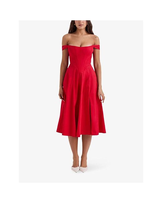 House Of Cb Red Saira Floral-Print Cotton-Blend Midi Dress