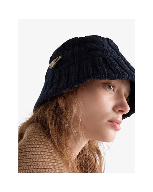 Prada Blue Logo-Plaque Wool Bucket Hat
