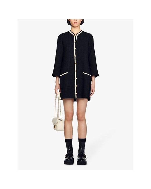 Sandro Black Eva Wide-sleeve Tweed Cotton-blend Mini Dress