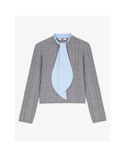 Maje Gray Cotton-Collar Ribbed Wool-Blend Jumper