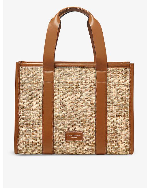 Aspinal Brown Henley Small Raffia And Leather Tote Bag