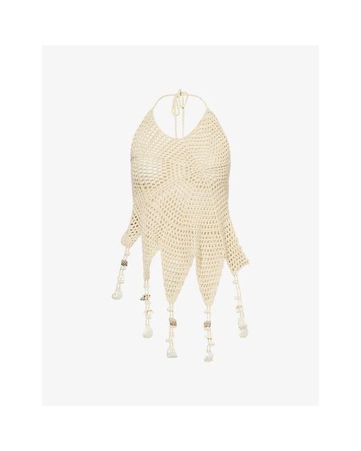 Jaded London White Halterneck Shell-Trim Crochet Top