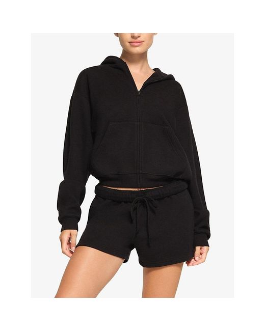 Skims Black Split Kangaroo-Pocket Cotton-Fleece Hoody