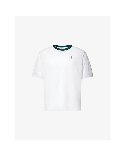 AMI White Ami De Coeur Embroidered Logo Cotton-Jersey T-Shirt for men