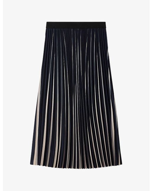 Reiss Black Saige Stripe-pattern Pleated Woven Midi Skirt