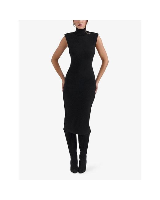 House Of Cb Black Gaia Turtleneck Cotton-Blend Midi Dress