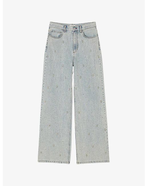 Sandro Gray Rhinestone-embellished Flared-leg Mid-rise Denim Jeans