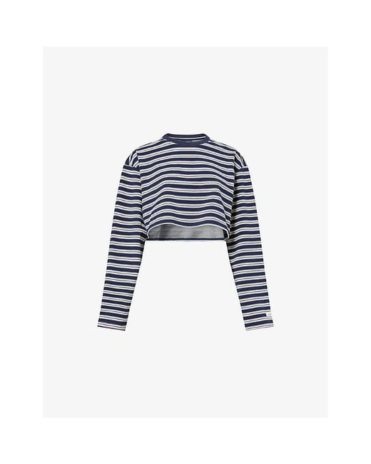 Ru & Rocka Blue Striped Cropped Stretch-Cotton T-Shirt
