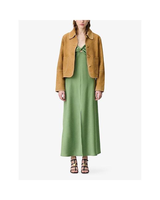 Claudie Pierlot Green Twist-Front Spaghetti-Strap Satin Maxi Dress