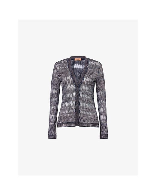 Missoni Blue Chevron V-Neck Metallic-Knit Cardigan