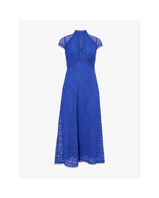 ME+EM Cap-Sleeved High-Neck Lace Midi Dress in Blue