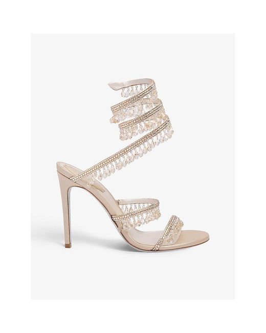 Rene Caovilla White Chandelier Bead-Embellished Leather Heeled Sandals