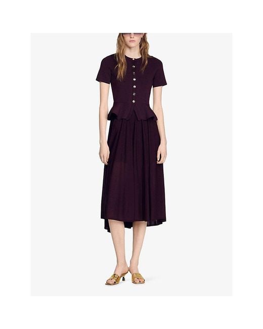 Sandro Purple Peplum Short-Sleeved Knitted Maxi Dress